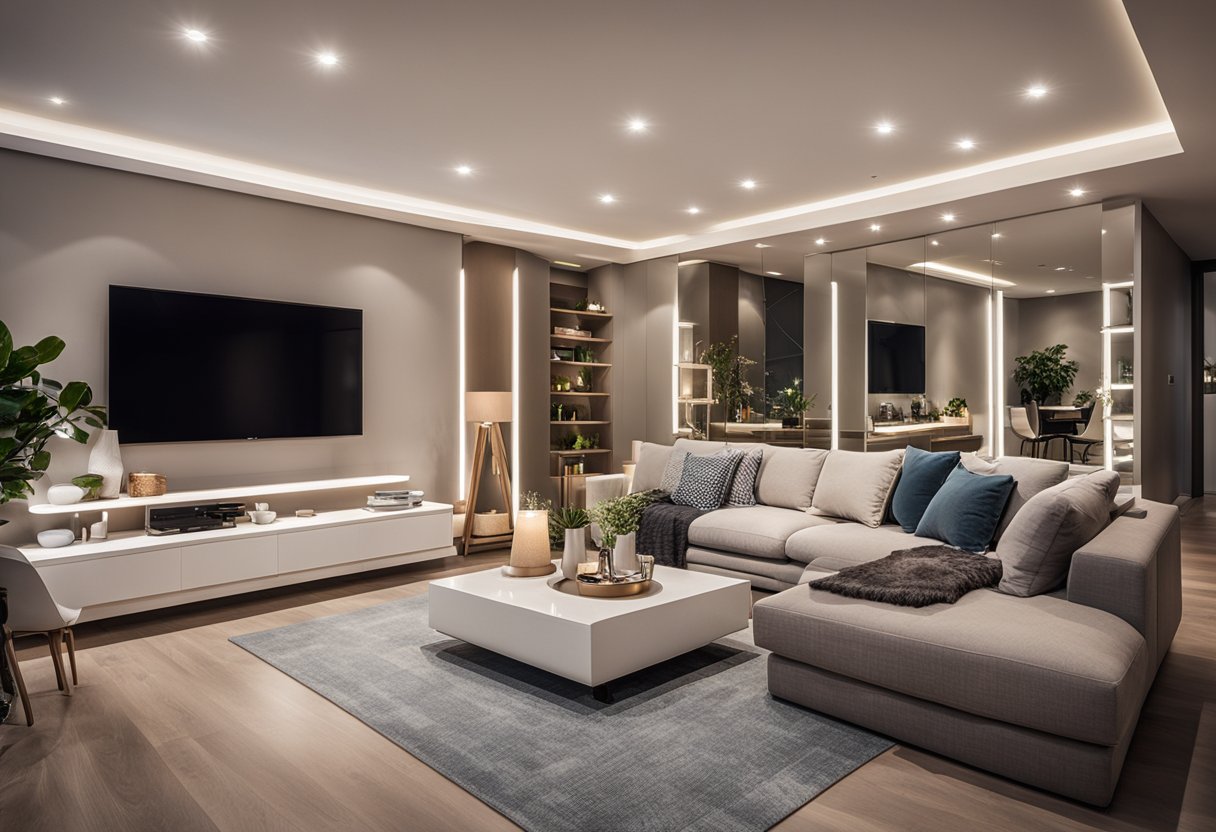 A cozy living room with cleverly placed mirrors and strategic lighting to create the illusion of a larger space. Decorative elements like floating shelves and multi-functional furniture maximize the use of small spaces