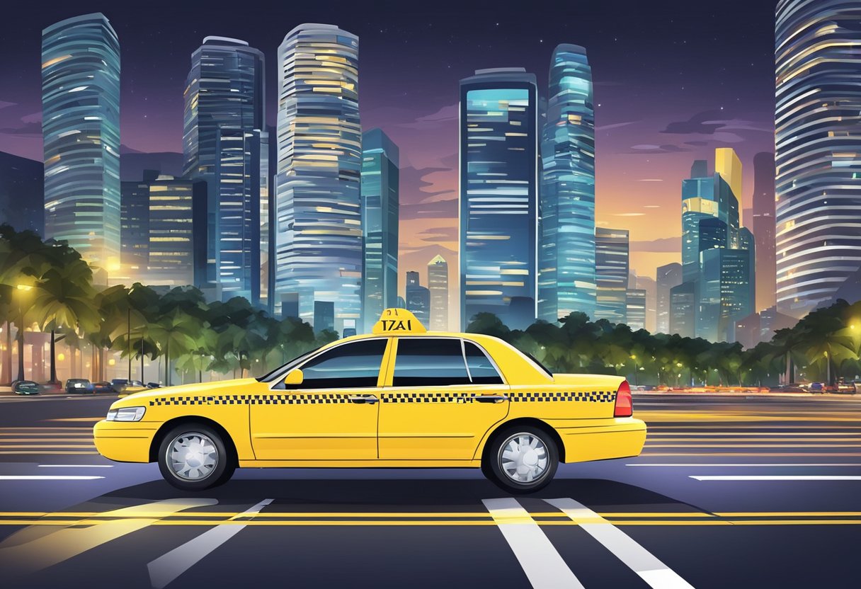 A yellow taxi navigates through the bustling streets of Singapore, surrounded by modern skyscrapers and vibrant city lights