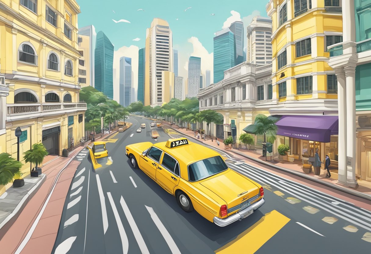 A yellow taxi navigates through the bustling streets of Singapore, passing by iconic landmarks and picking up passengers along the way