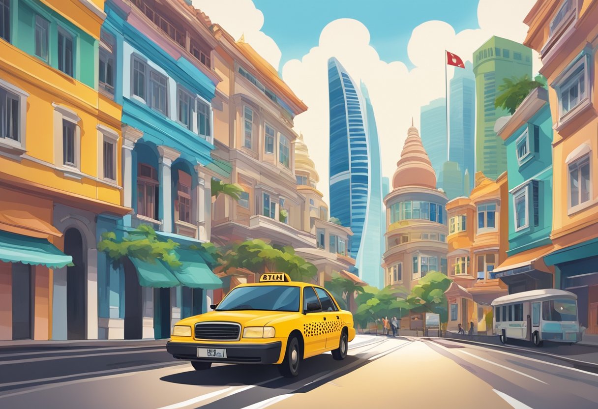 A taxi weaves through Singapore's bustling streets, passing by colorful buildings and iconic landmarks. The city skyline looms in the distance