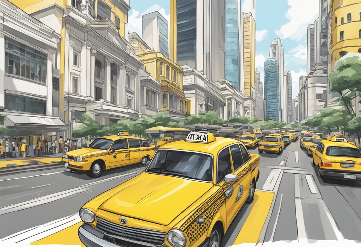 A yellow taxi driving through the bustling streets of Singapore, with iconic landmarks and skyscrapers in the background