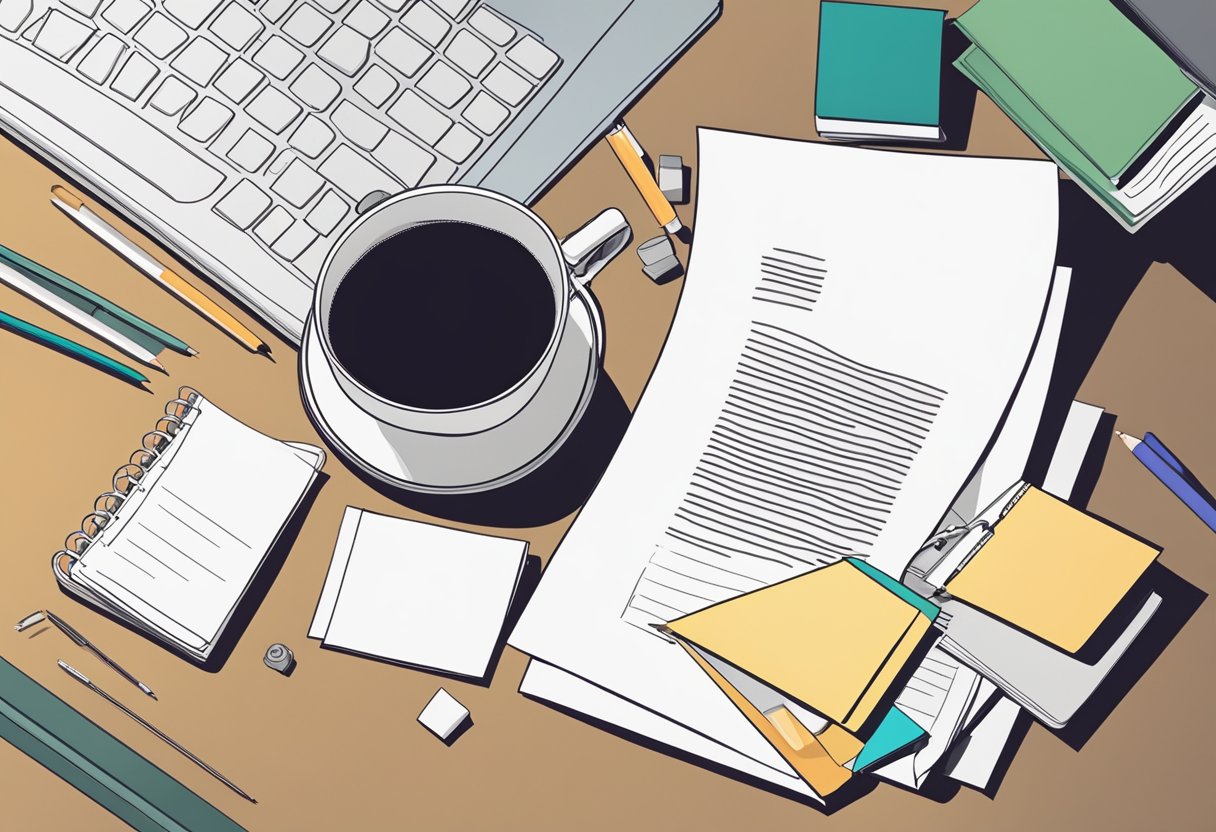 A blank resignation letter lies on a desk in a dimly lit office, surrounded by scattered office supplies and a half-empty coffee cup