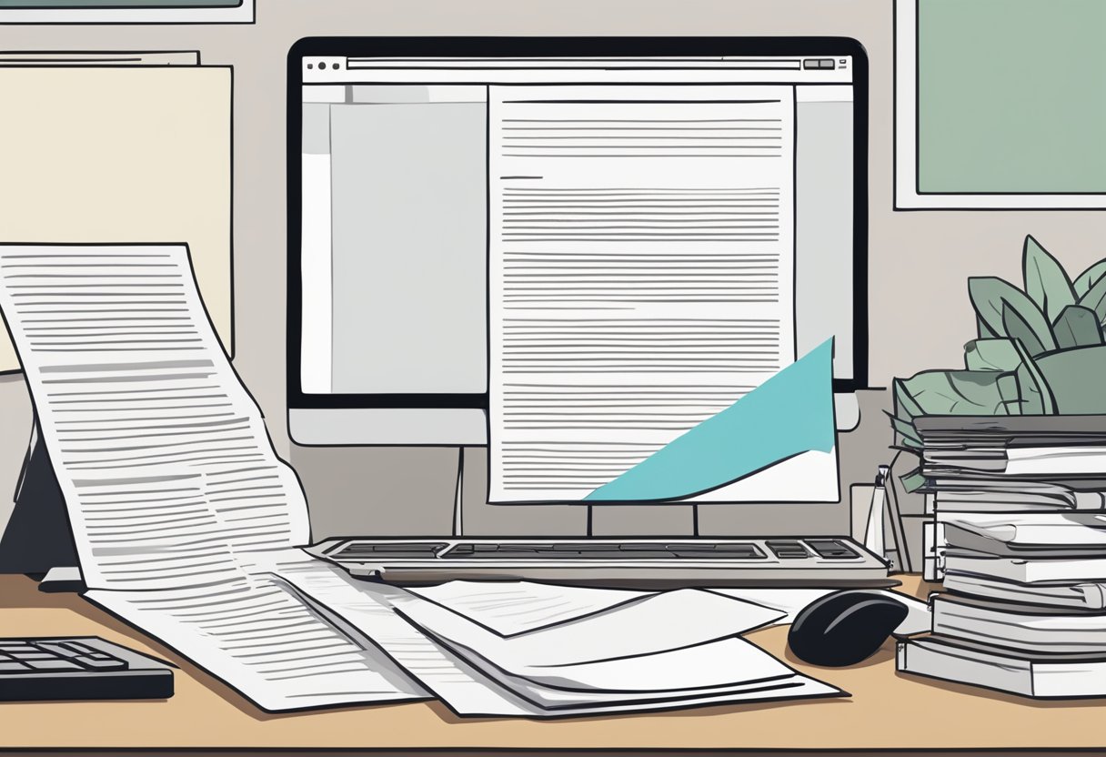 A desk cluttered with papers, a computer, and a pen. A half-finished resignation letter sits on the screen, while a printed sample from Singapore lies nearby