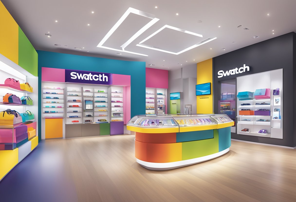 Swatch Singapore outlets showcase colorful displays of watches and accessories, with modern interior design and bright lighting