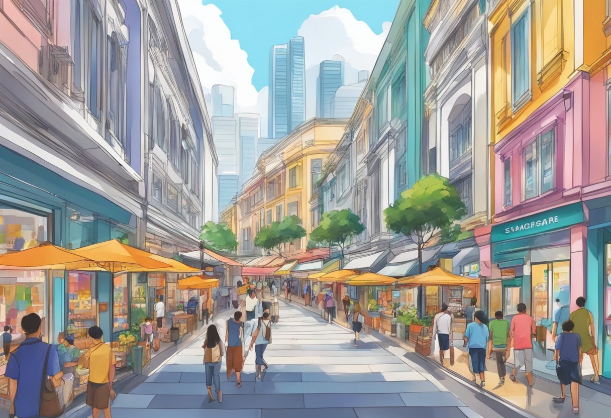 A bustling street in Singapore, with colorful Swatch store facades lining the busy sidewalks. Pedestrians walk by, admiring the vibrant displays