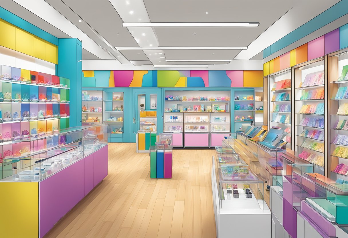 Vibrant Swatch store with colorful displays and interactive features, bustling with visitors and showcasing the latest watch collections