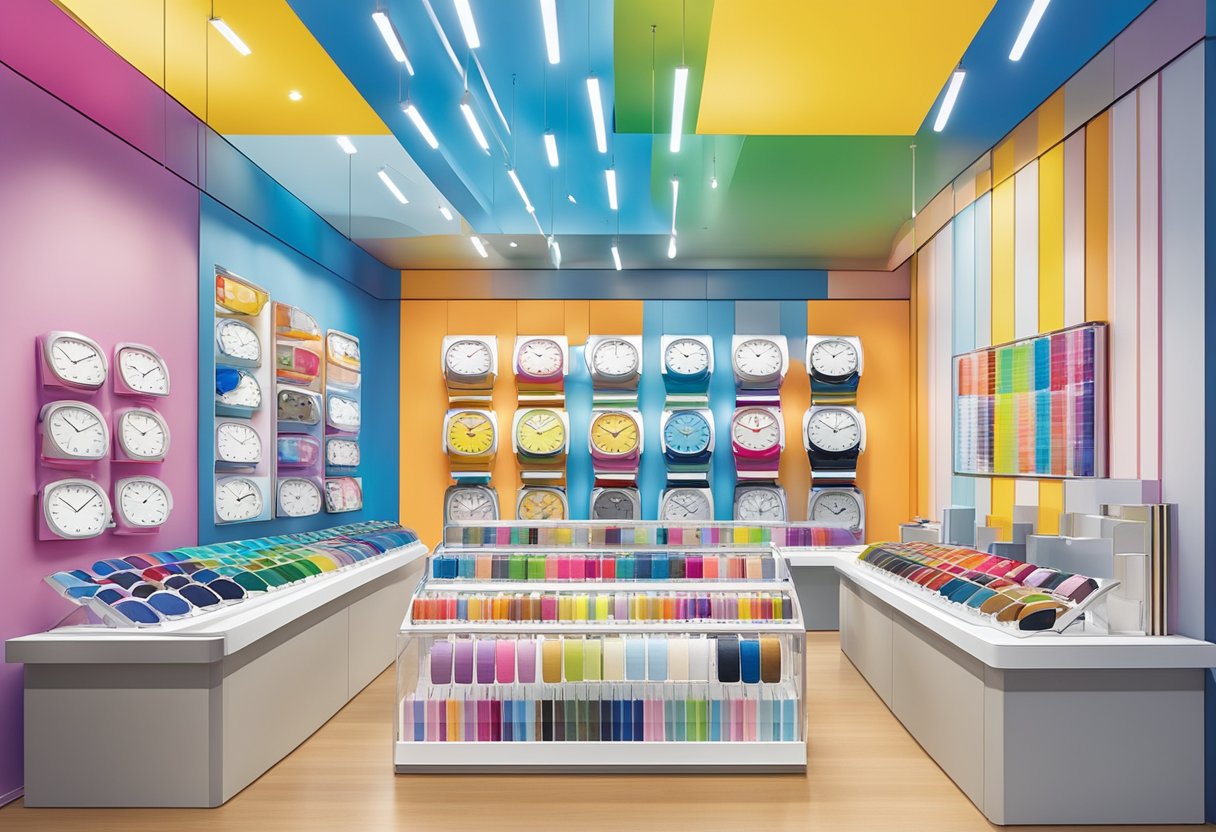 A colorful display of swatch watches at a Singapore outlet, with a sign reading "Frequently Asked Questions" prominently displayed