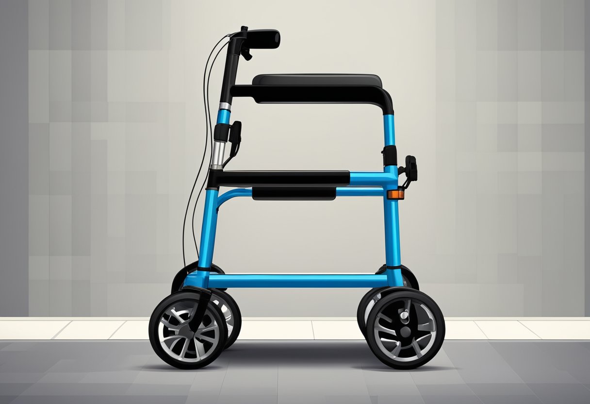 A rollator stands against a wall, with its frame made of lightweight aluminum and equipped with four wheels, hand brakes, and a padded seat