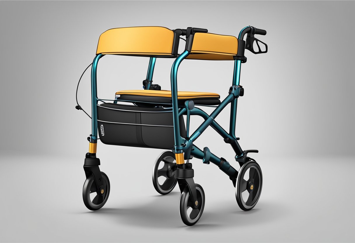 A rollator sits in a bright, spacious room. Its sturdy frame and comfortable seat invite use. A set of wheels and hand brakes add functionality