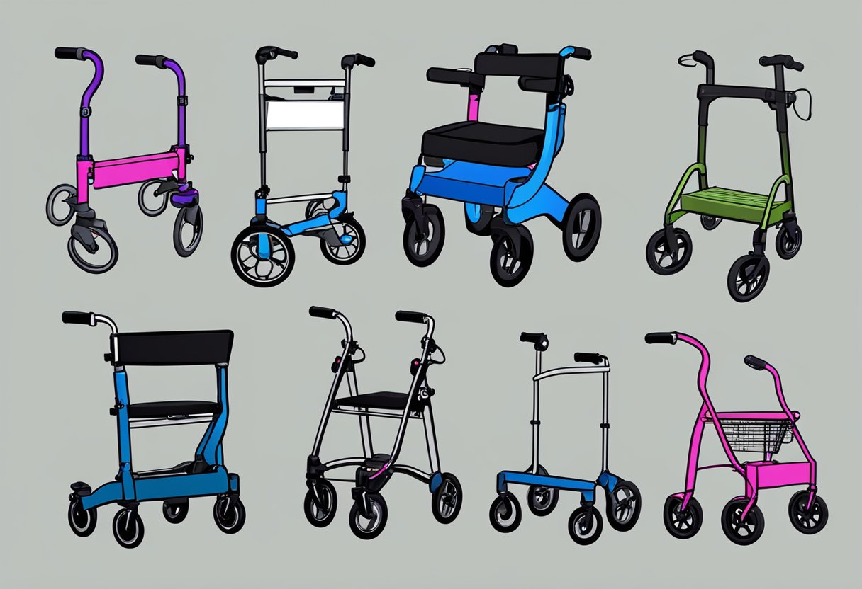 A variety of rollators lined up in a row, ranging from basic models to more advanced versions with added features and accessories