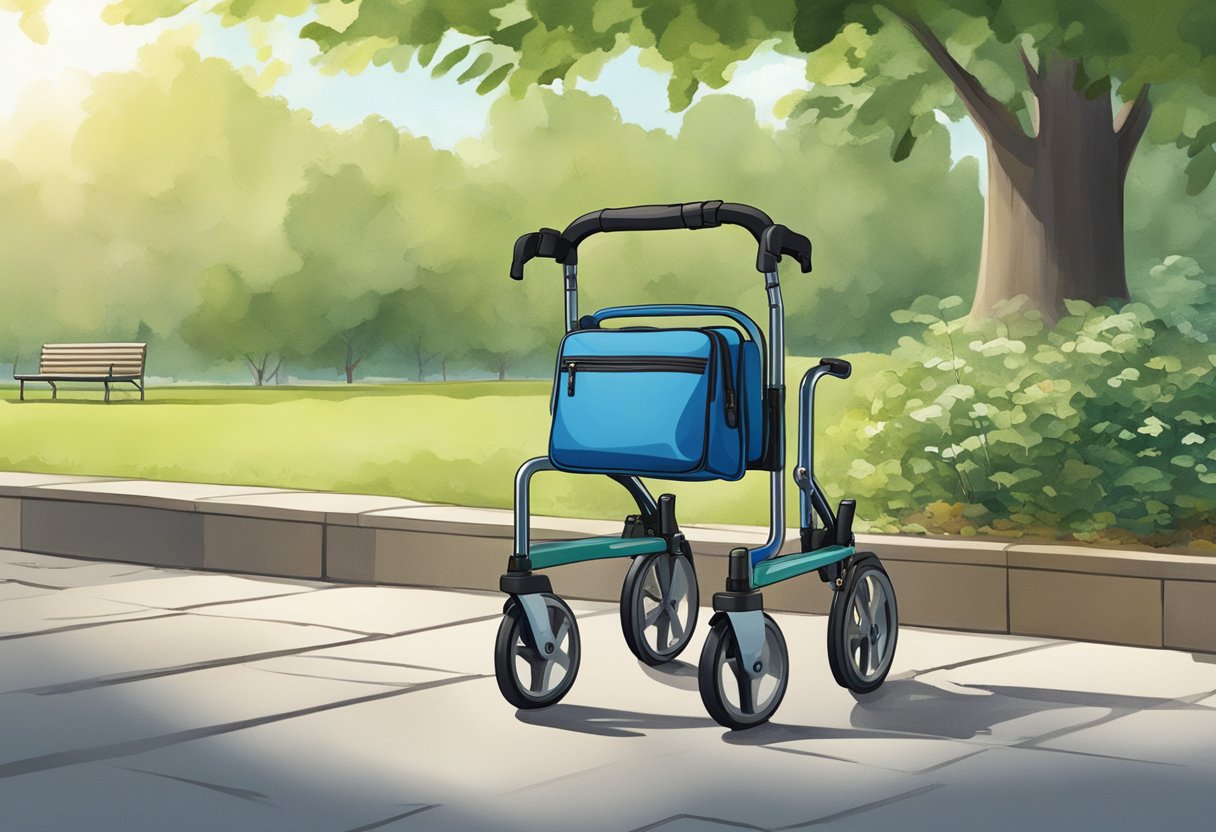 A rollator sits beside a park bench, surrounded by greenery. A person's bag hangs from the handlebars, and a water bottle rests in the storage compartment