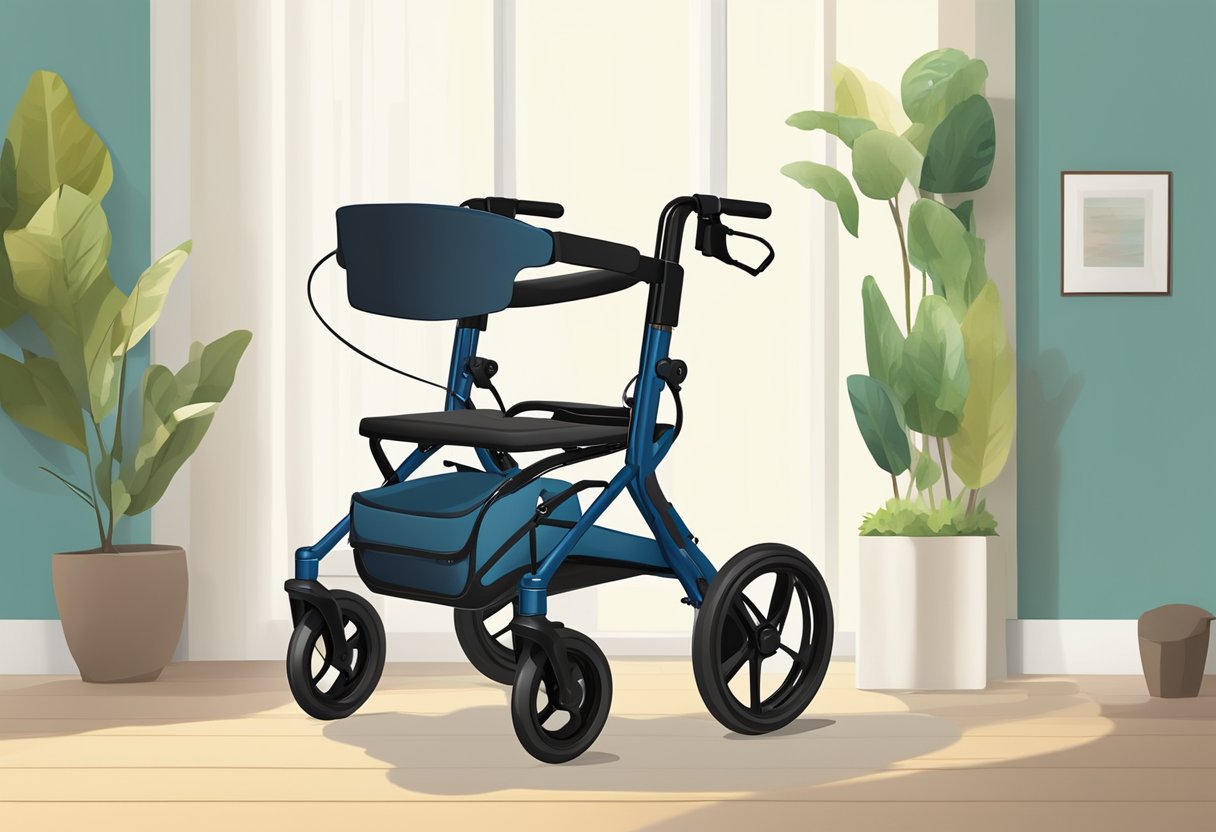 A rollator sits in a well-lit room, surrounded by various mobility aids. Its adjustable handles and sturdy frame are highlighted, showcasing its versatility and durability