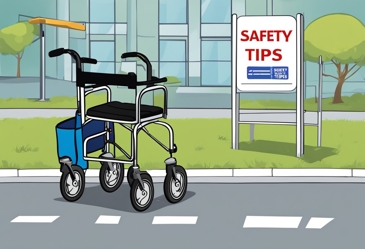 A rollator with brakes and a seat stands next to a "Safety Tips" sign