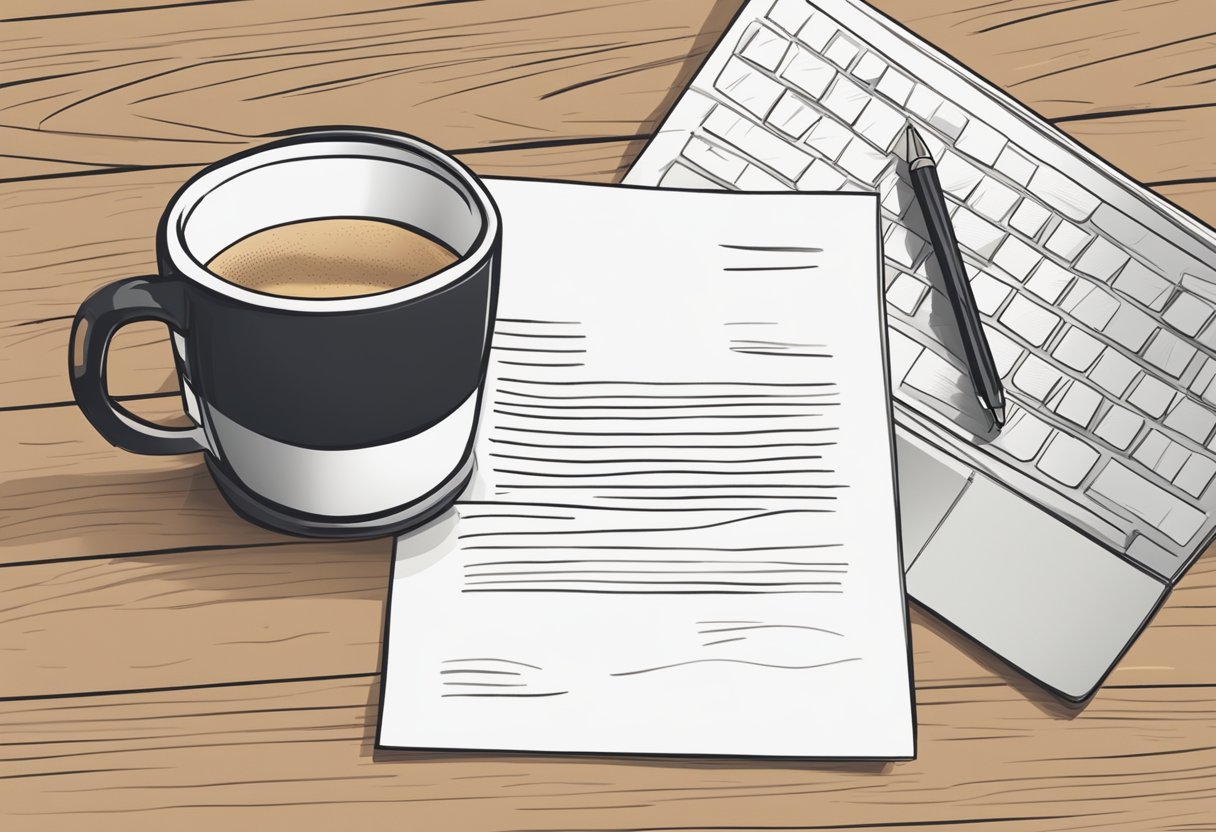 A hand-written resignation letter on a desk, next to a laptop and a cup of coffee. The letter is neatly folded and ready to be sealed in an envelope