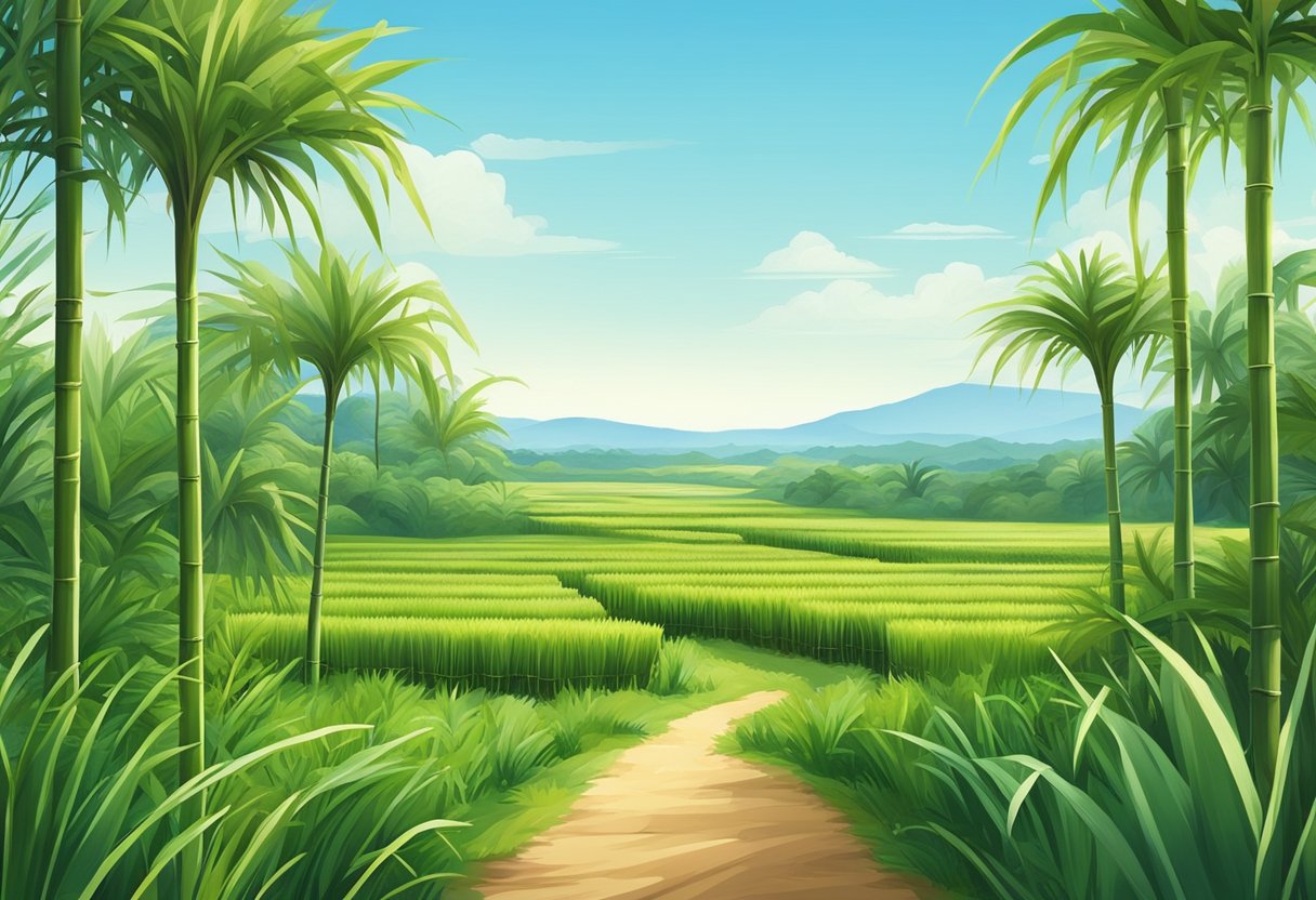 A tranquil garden with sugar cane fields stretching towards the horizon, surrounded by lush greenery and a clear blue sky
