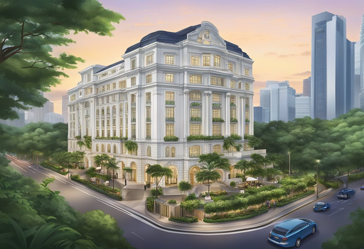 The grand St. Regis Hotel in Singapore, with its iconic architecture and lush greenery, stands tall against the city skyline
