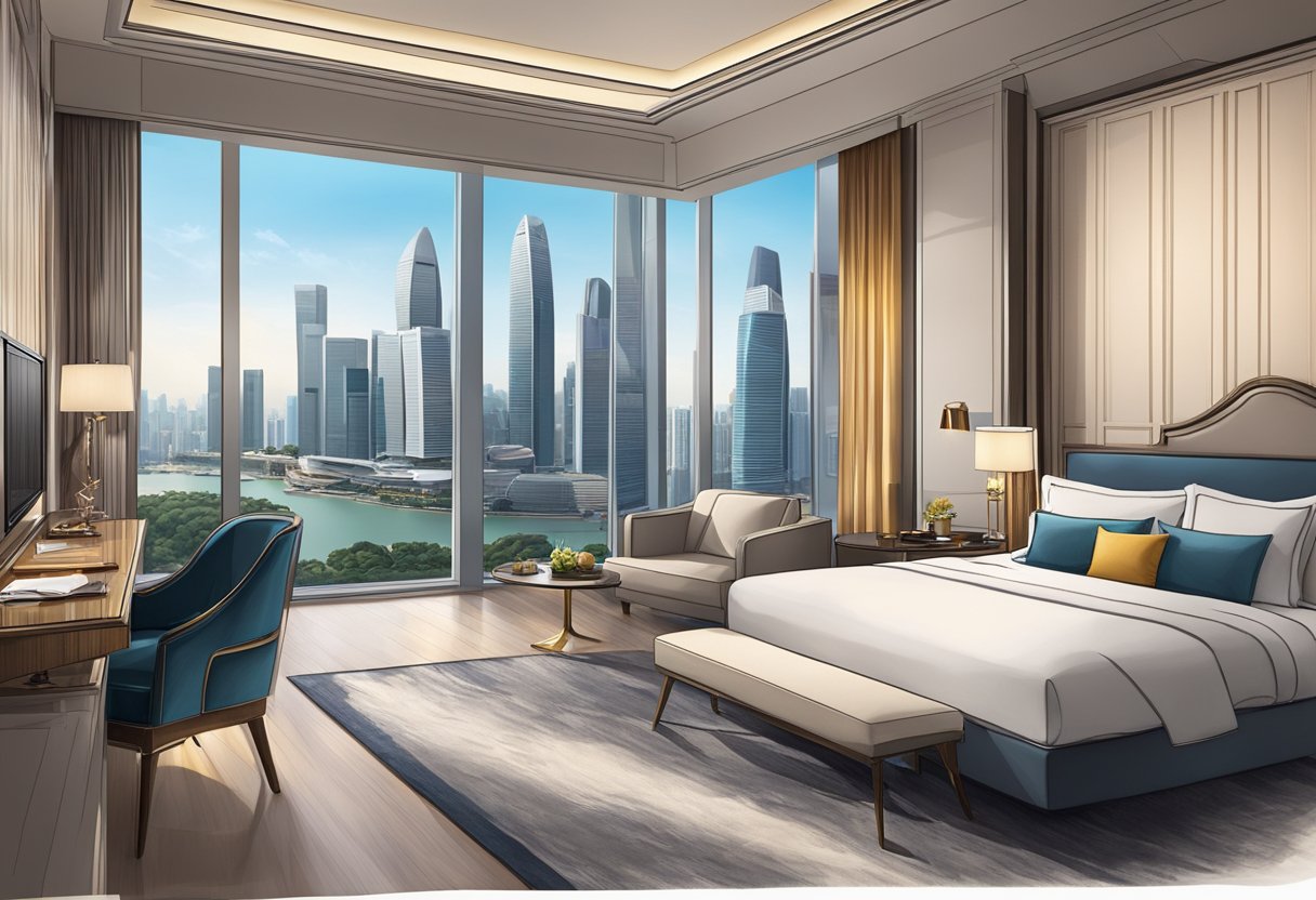 A luxurious hotel room with a king-sized bed, elegant furnishings, and a stunning view of the Singapore city skyline