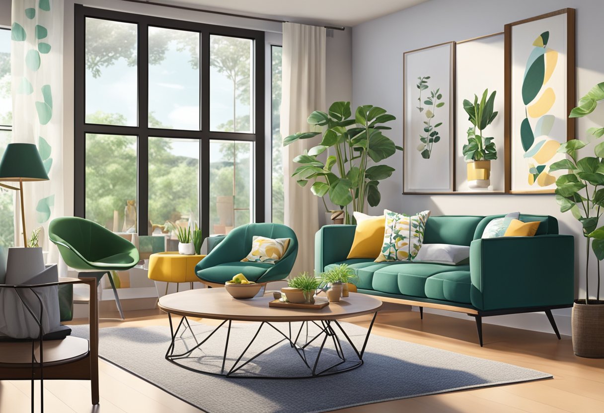 A cozy living room with modern furniture and vibrant decor. A large window allows natural light to fill the space, and potted plants add a touch of greenery