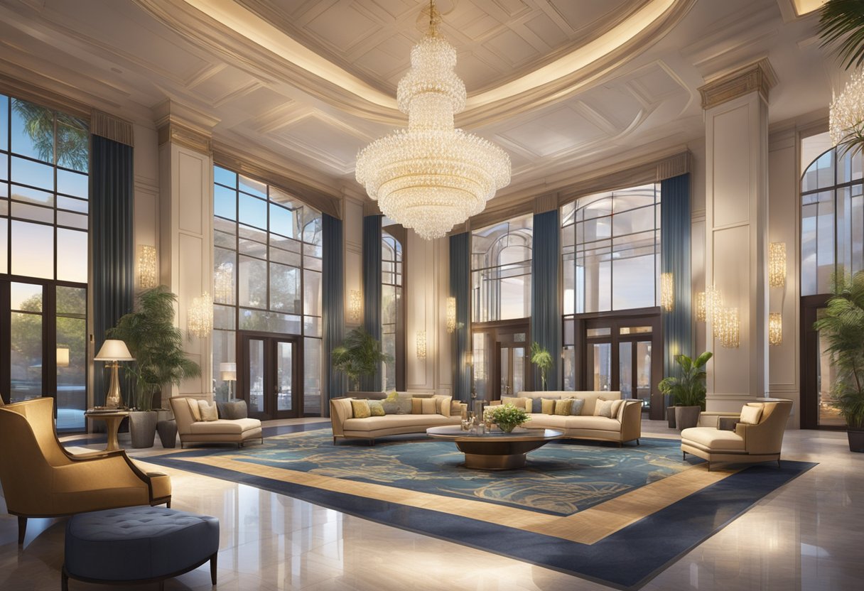 Luxurious lobby with grand chandeliers, plush seating, and concierge desk. Spa, pool, and fitness center visible in the background