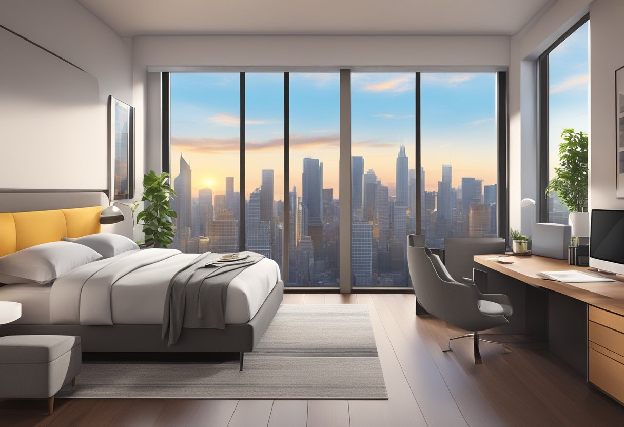 A modern, spacious room with a comfortable bed, sleek furniture, and a large window offering a view of the city skyline. Amenities include a flat-screen TV, air conditioning, and a well-equipped en-suite bathroom