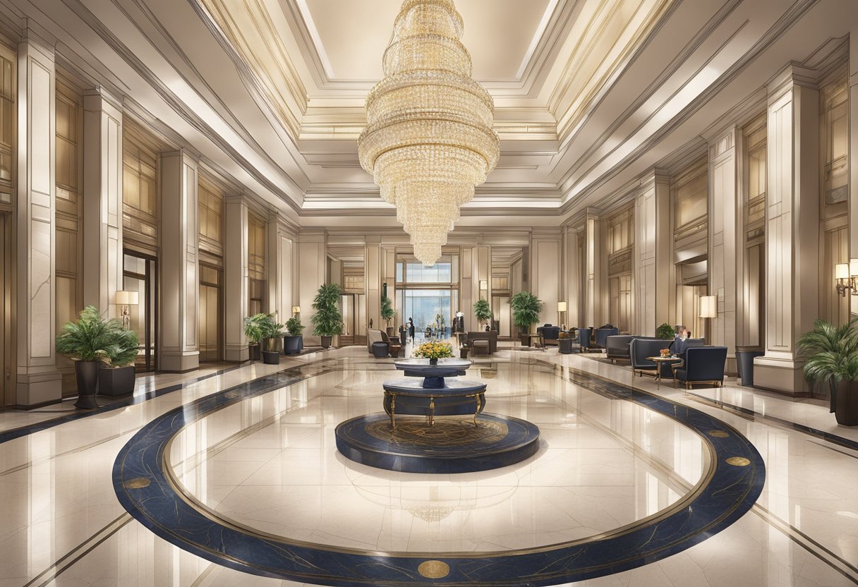 The grand lobby of St. Regis Hotel Singapore, with a luxurious chandelier hanging from the high ceiling, elegant marble floors, and a concierge desk attended by staff