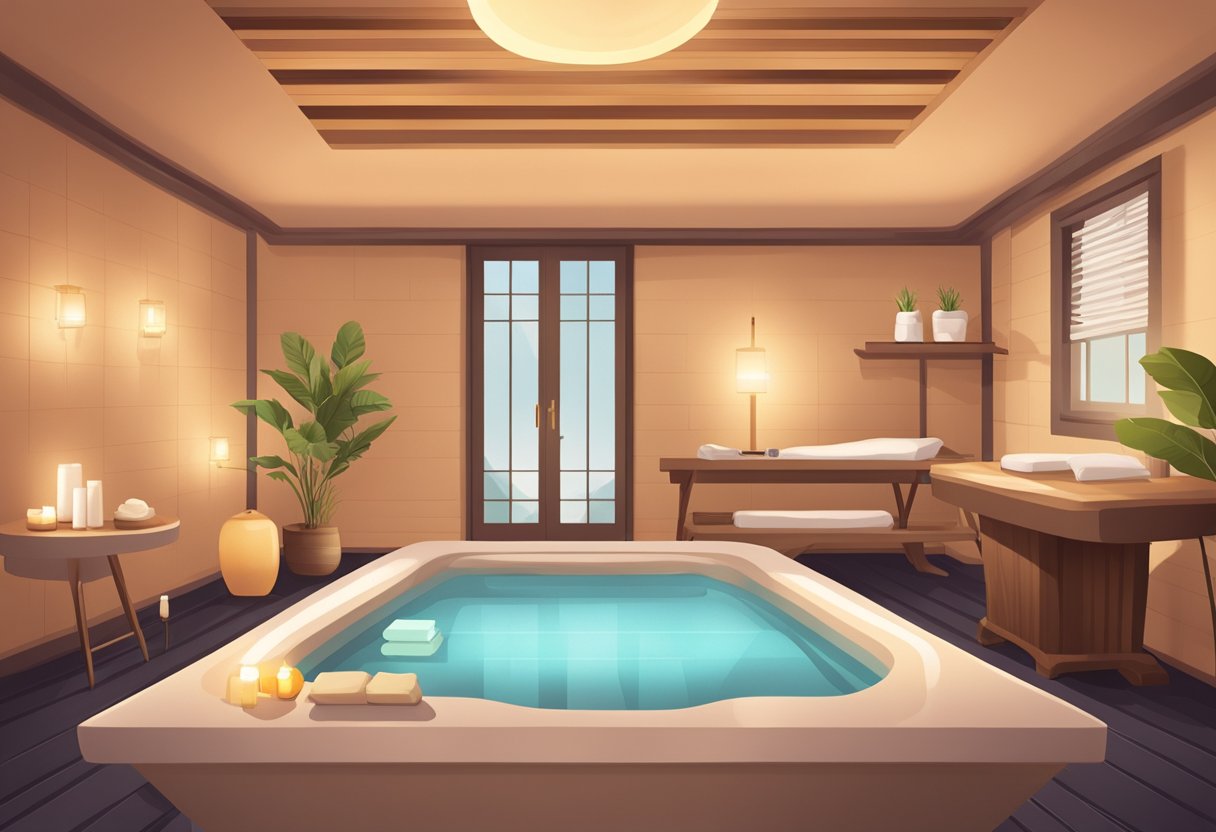 A serene spa room with warm lighting, a comfortable treatment bed, and a table displaying sugaring products and tools