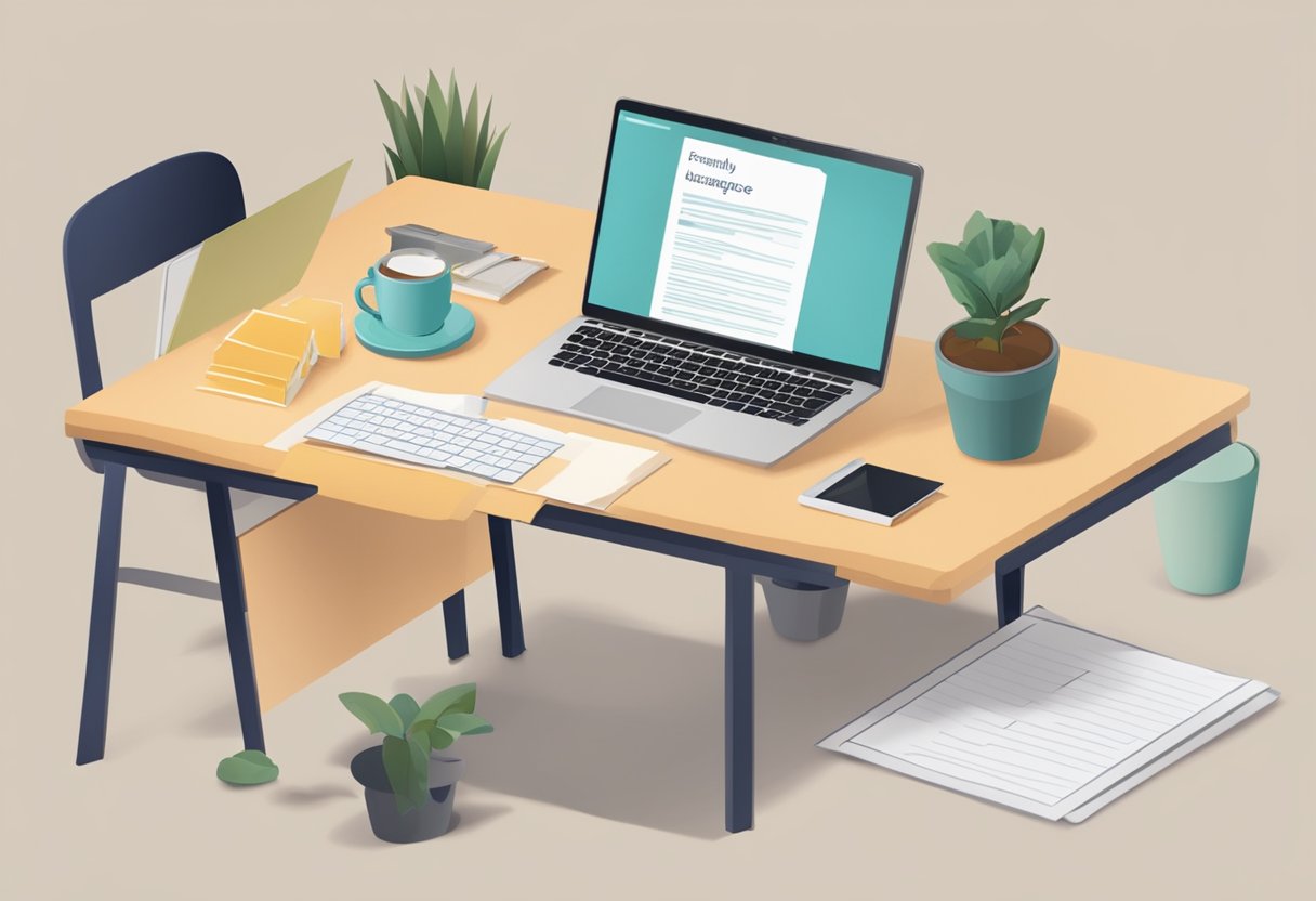 A table with a laptop, a pen, and a stack of papers labeled "Frequently Asked Questions sugaring singapore". A person is typing on the laptop