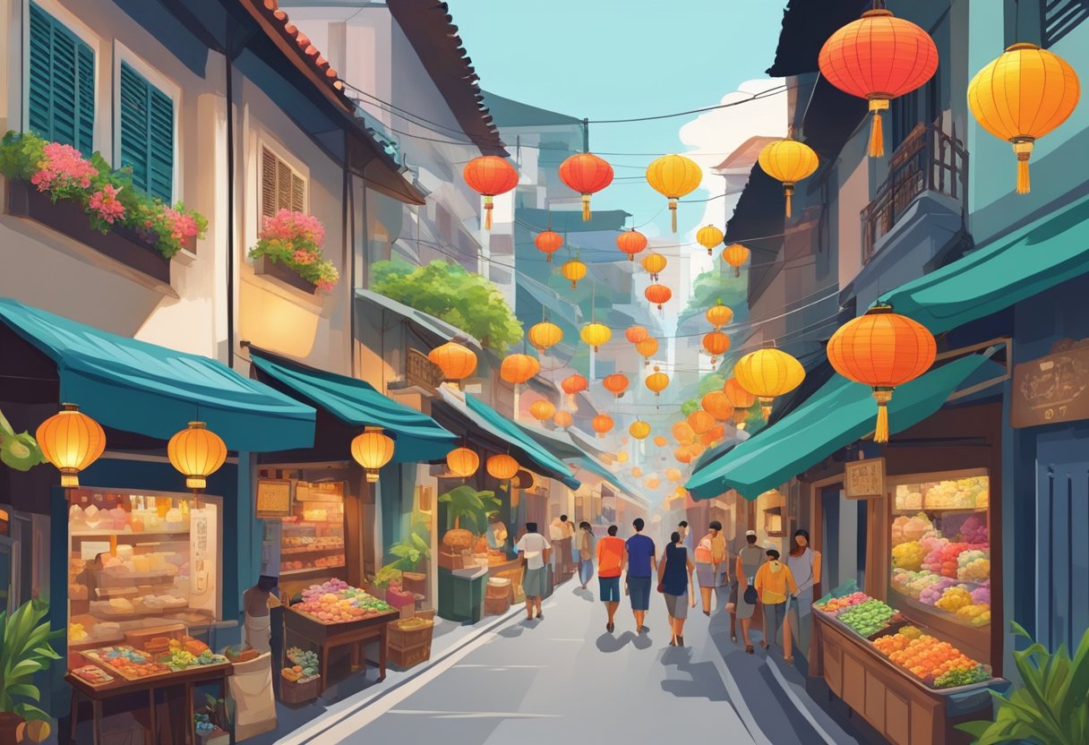 Busy Sago Street in Singapore, with colorful shophouses lining the narrow road, bustling with vendors and customers. Traditional lanterns hang overhead, adding to the vibrant atmosphere
