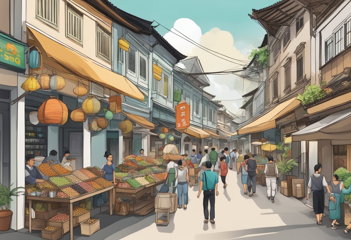 Sago Street, Singapore, bustling with traders and merchants, symbolizing the historical significance of the area as a hub of commerce and cultural exchange
