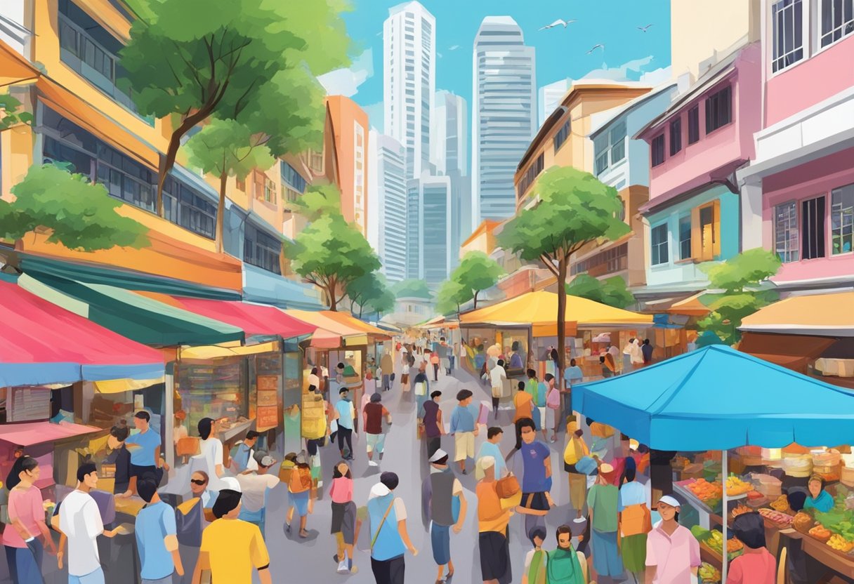 Busy sago street in Singapore; bustling market stalls, diverse shoppers, and vibrant street art. Economic and social impact evident in the lively atmosphere
