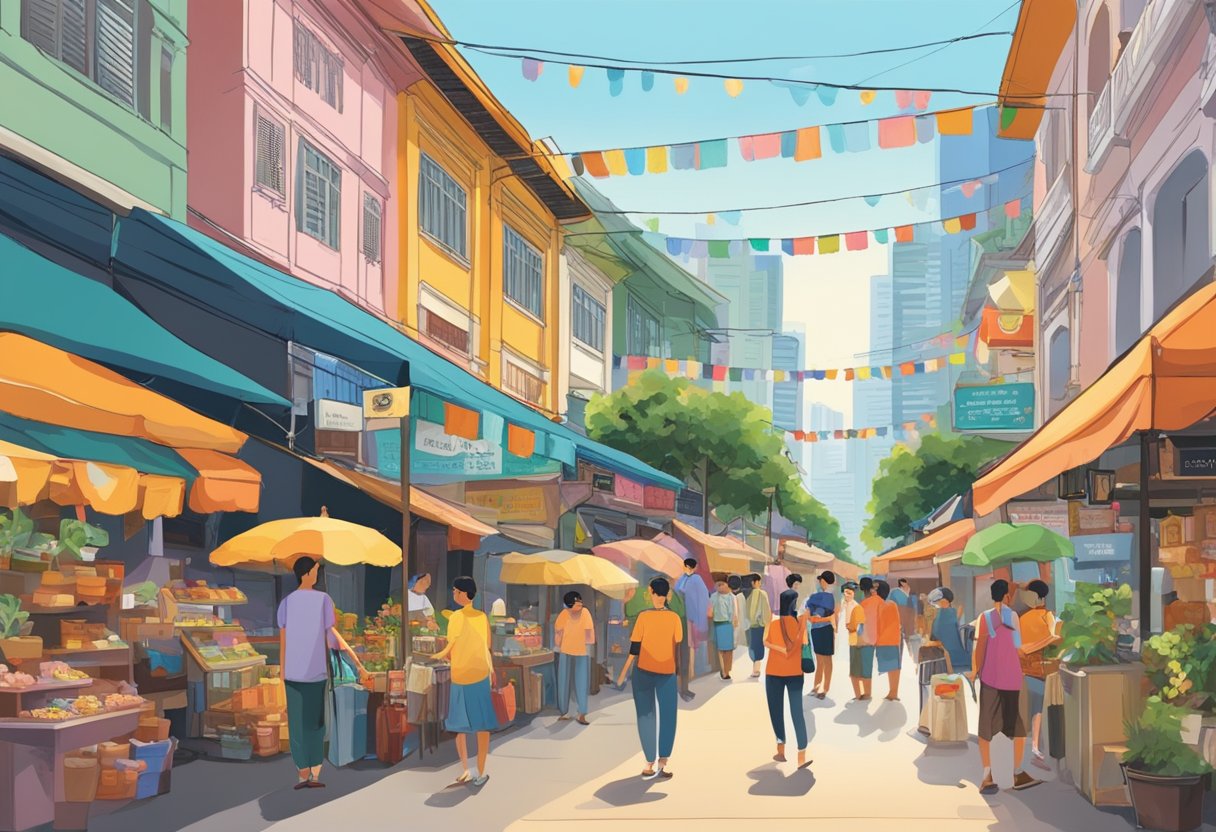 Sago Street in Singapore bustles with people seeking answers to their most common questions. The vibrant street is lined with shops and stalls, each displaying signs with information and prices. The atmosphere is lively and bustling with activity