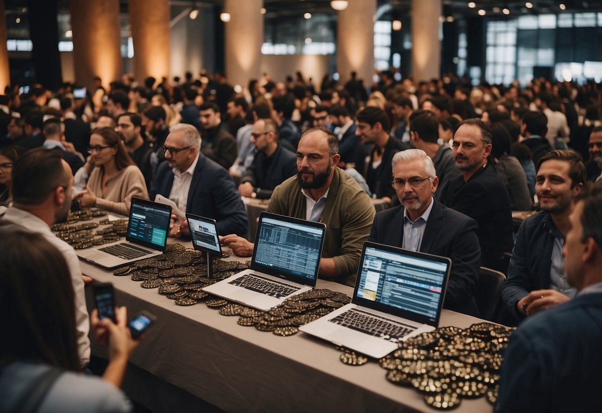 A crowded room with people eagerly buying Toncoin tokens at a public sale event. Tables with laptops and banners promoting the investment opportunity