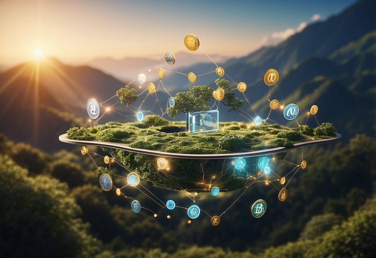 A digital landscape with interconnected nodes and currency symbols floating in the air, representing the decentralized and open nature of TON coin early access