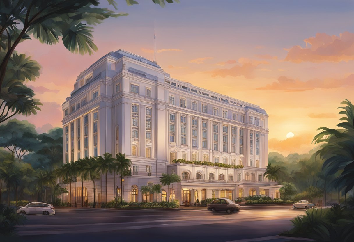 The Intercontinental Hotel Singapore stands tall, with its modern architecture and lush greenery surrounding the entrance. The sun sets behind the building, casting a warm glow on the facade