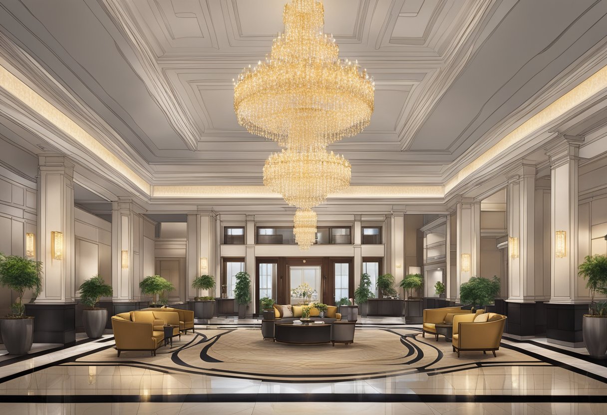 The luxurious lobby of Intercontinental Hotel Singapore with elegant furnishings and a grand chandelier