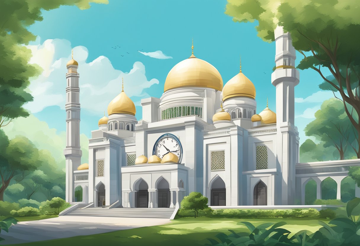 The scene depicts a mosque in Singapore with a digital clock displaying the prayer times. The building is surrounded by lush greenery and a clear blue sky