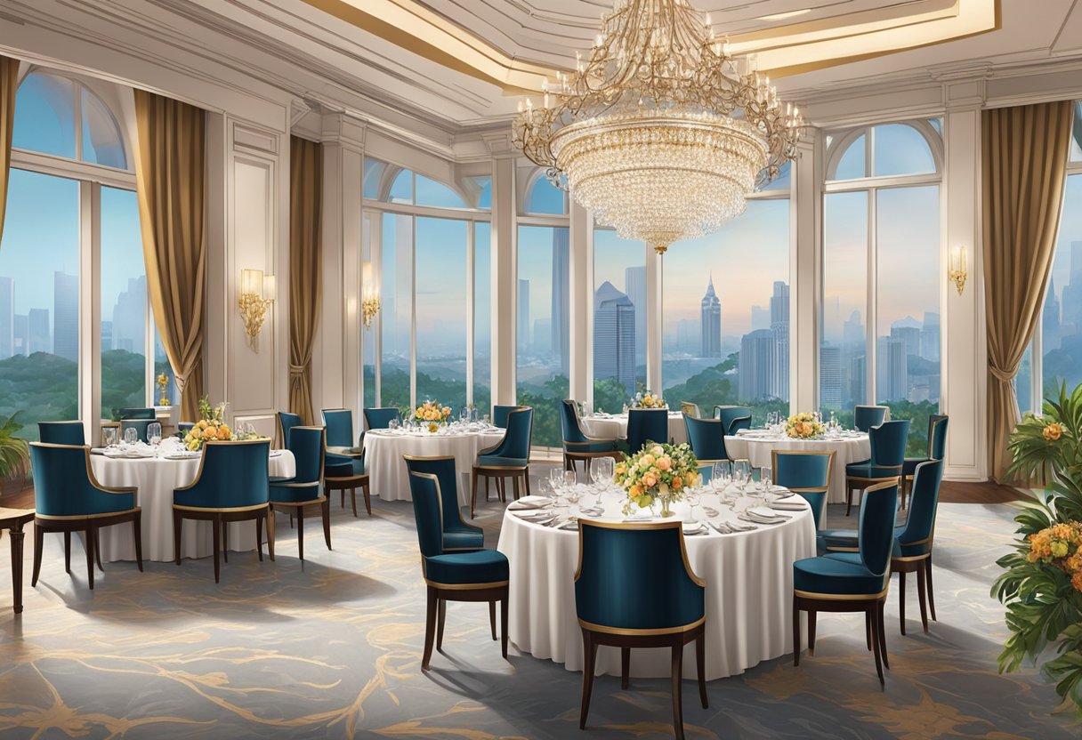 A lavish dining room with elegant table settings, a grand chandelier, and a panoramic view of the city skyline through floor-to-ceiling windows at Intercontinental Hotel Singapore