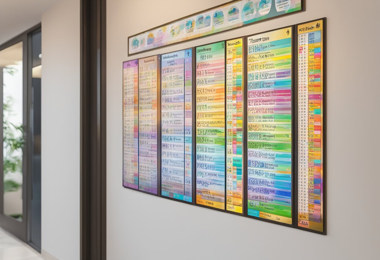 A colorful monthly prayer timetable displayed on a wall with clear and easy-to-read schedules for each prayer time in Singapore