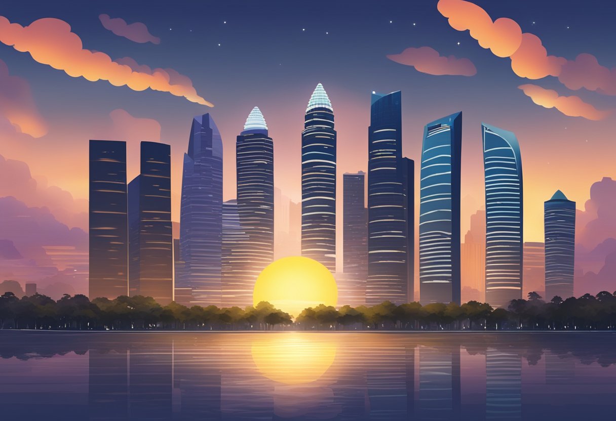 The sun sets behind the iconic skyline of Singapore as the call to prayer echoes through the city, signaling the time for Maghrib prayer