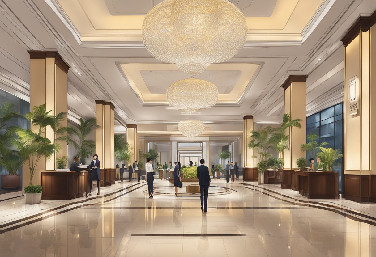 The lobby of Intercontinental Hotel Singapore bustling with guests asking questions at the front desk and concierge. The sleek, modern decor and warm lighting create an inviting atmosphere