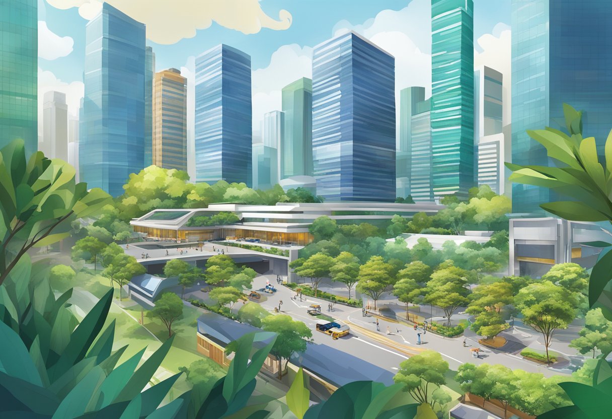 A bustling cityscape of JTC Singapore, with towering skyscrapers, bustling streets, and a vibrant mix of modern architecture and lush greenery