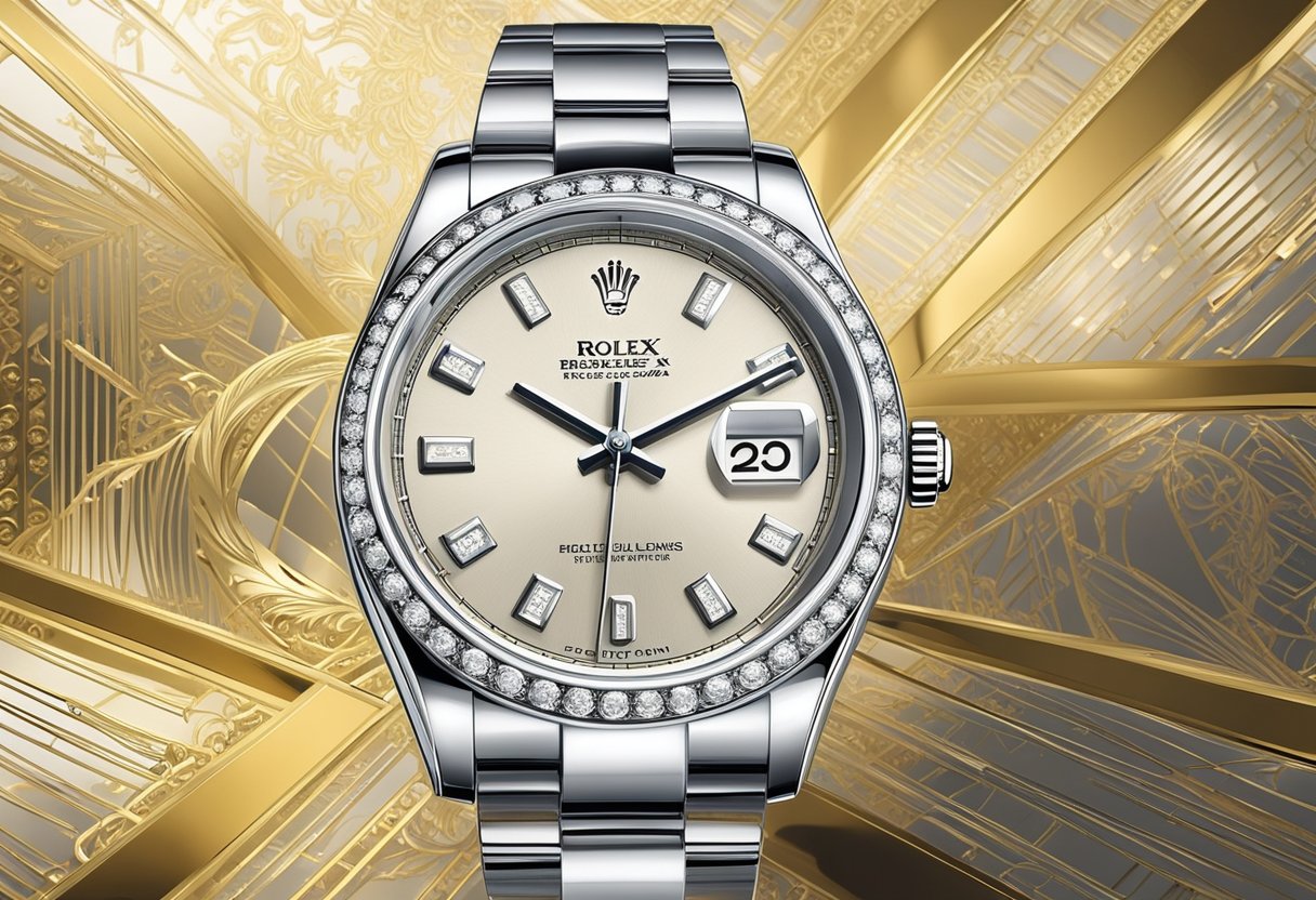 A gleaming second-hand Rolex sits on a luxurious display case in a high-end boutique in Singapore. The polished metal and intricate details of the watch catch the light, exuding a sense of timeless elegance