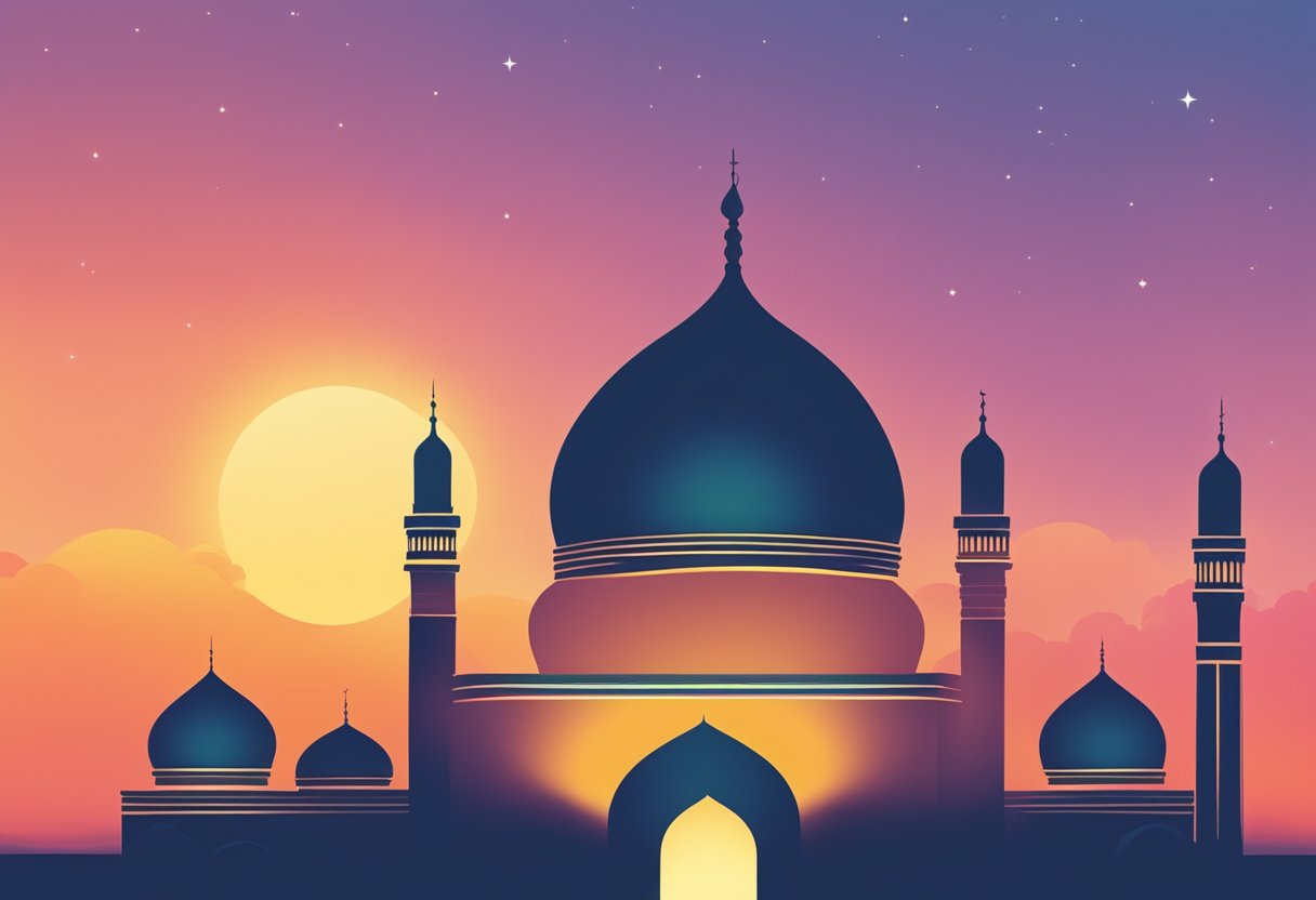 A colorful mosque silhouette against a sunset sky, with the words "Frequently Asked Questions jadwal sholat di Singapore" displayed prominently
