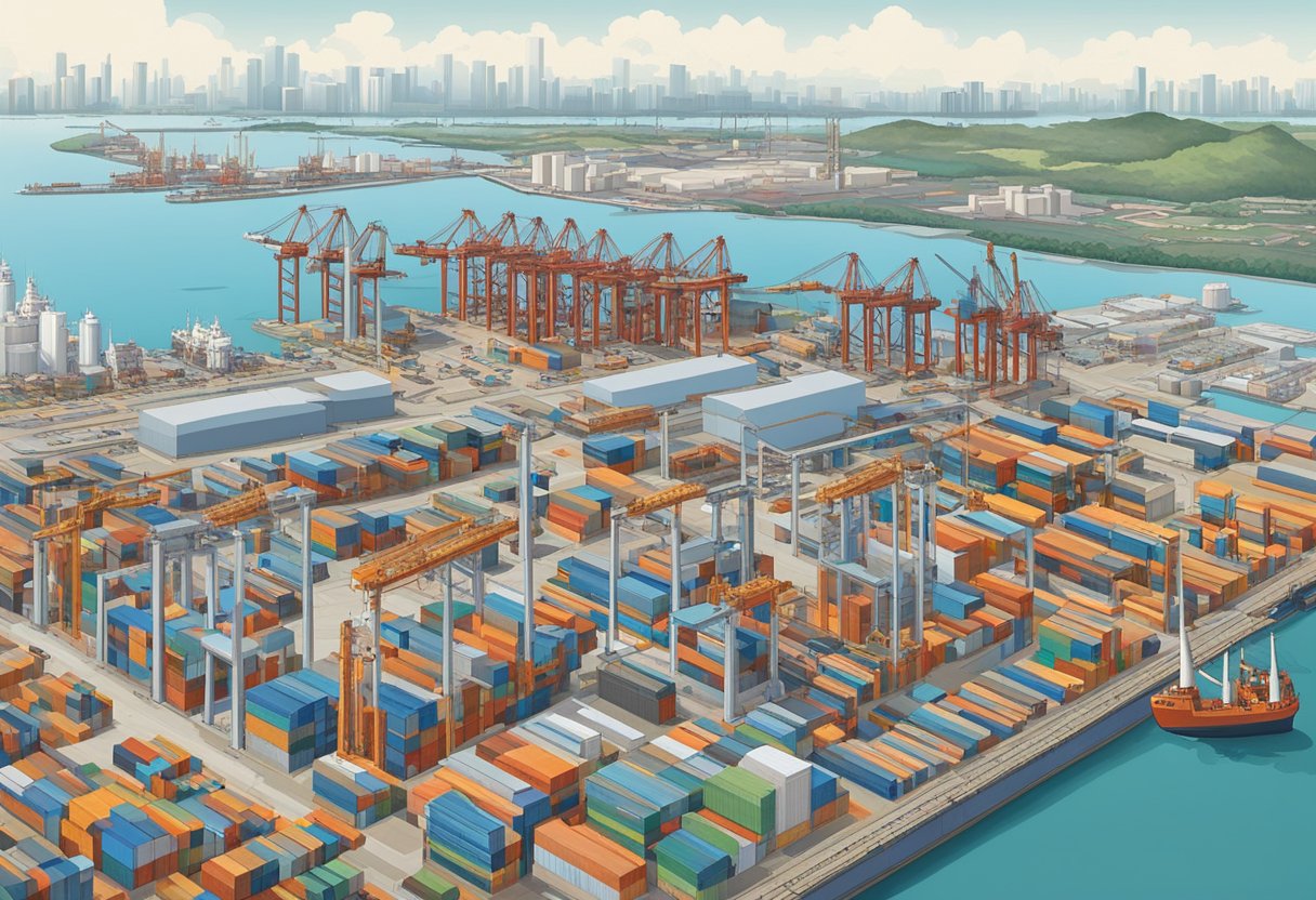 JTC's industrial estates dominate Singapore's skyline, with towering factories and warehouses lining the horizon. Cranes and heavy machinery busily operate, while cargo ships unload goods at the nearby port