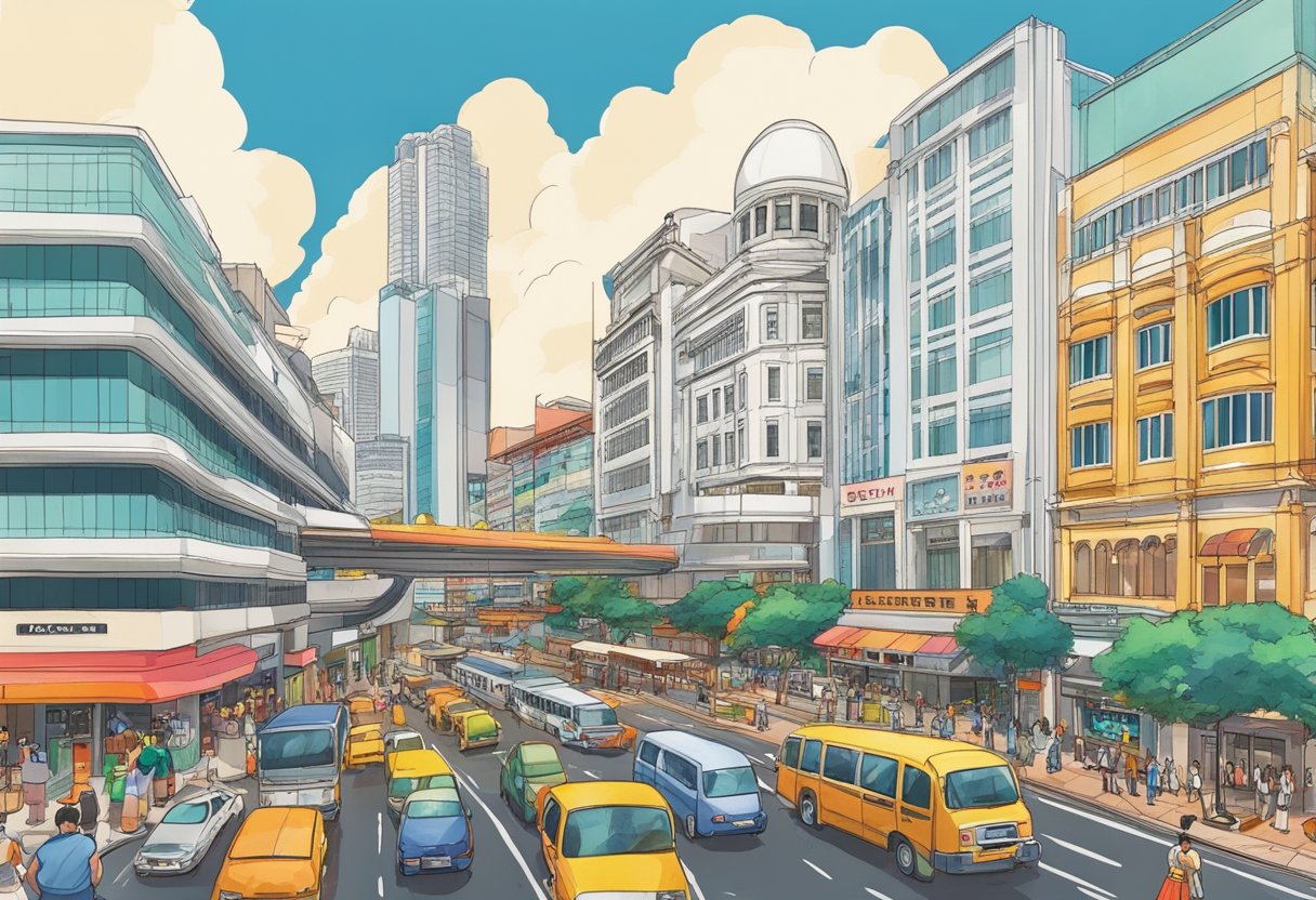 The bustling streets of Singapore surround the iconic Isetan department store, with vibrant colors and bustling energy