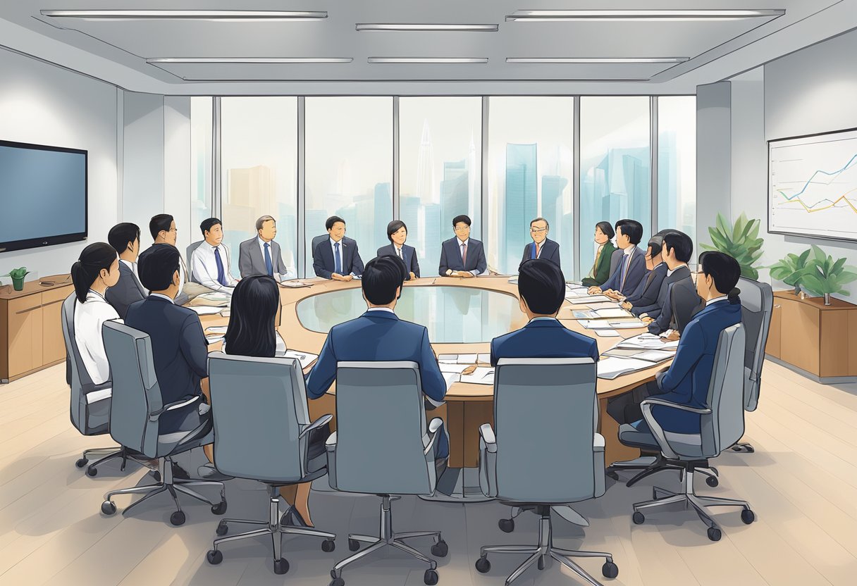 A boardroom meeting with executives discussing strategic plans and governance at JTC Singapore