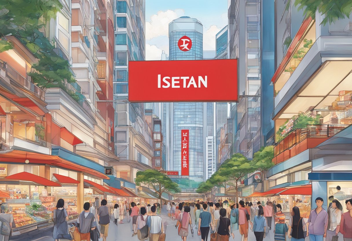 Isetan's iconic red logo shines above a bustling shopping district in Singapore, surrounded by modern skyscrapers and vibrant city life