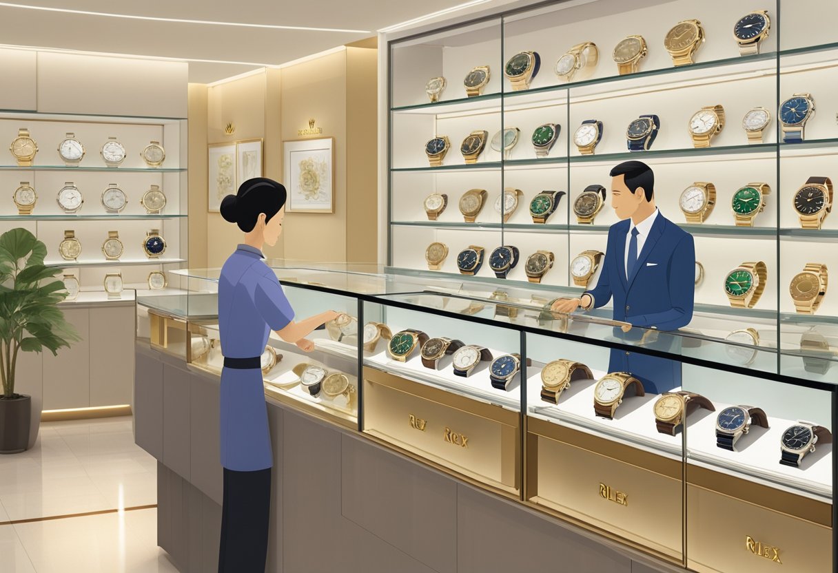 A display of second-hand Rolex watches in a Singapore shop, with a knowledgeable salesperson assisting a customer. The watches are arranged neatly in glass cases, with price tags clearly visible
