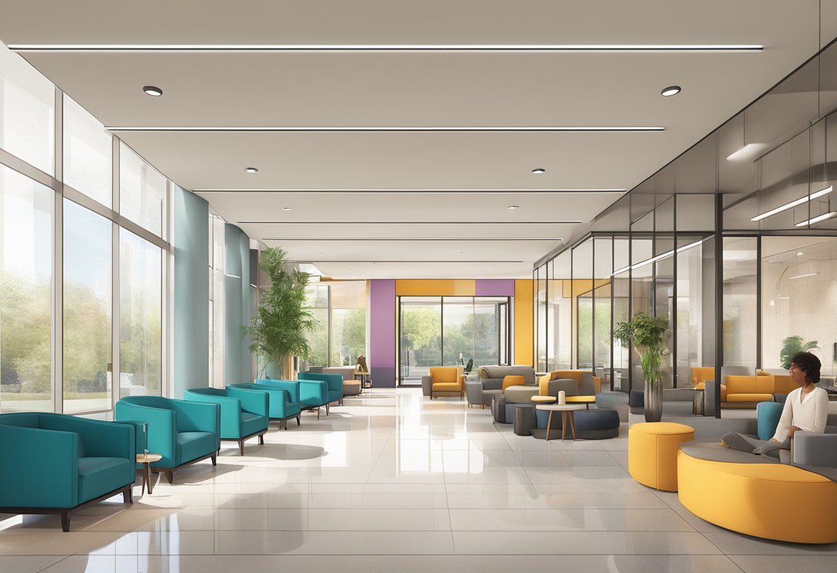 The scene includes a modern and vibrant lobby area with comfortable seating, a reception desk, and a colorful feature wall. The space is filled with natural light and has a welcoming atmosphere