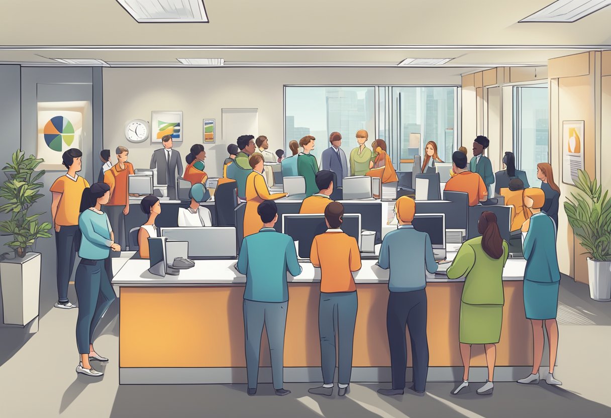 A crowded office with people lining up at a reception desk, signs displaying "Frequently Asked Questions" and the company logo in the background